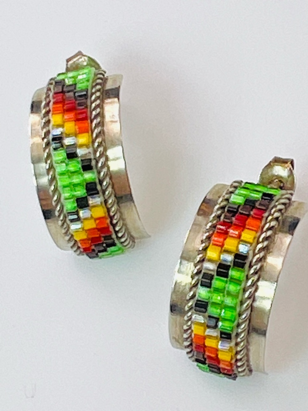 Navajo Sterling Silver Beaded Half Hoop Earrings | Native American Artisan | 1”